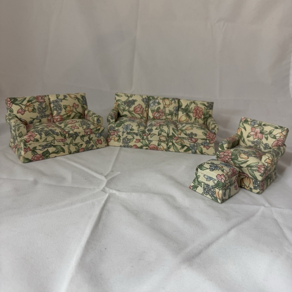 Vintage set dollhouse doll furniture couch chairs Ottoman 1:12 Upholstered 4pc